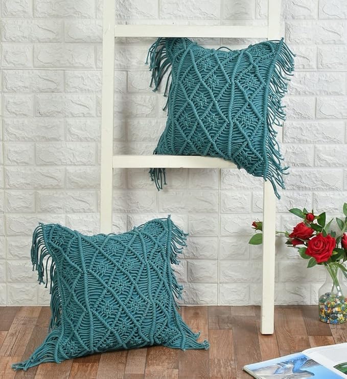 Macrame Cushion 16 x 16 inches Blue - Leechoo